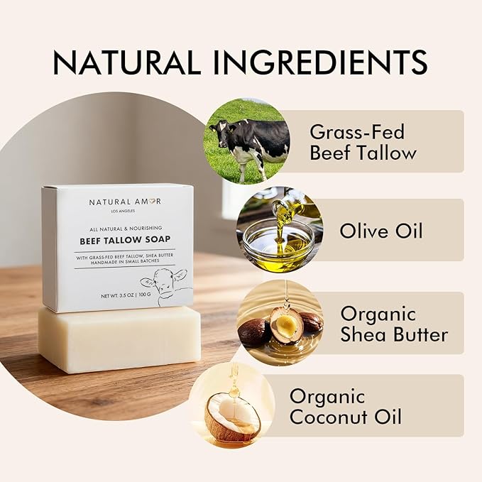Natural Amor Beef Tallow Soap Bar 3 Pack, Handmade with Organic Grass-Fed Beef Tallow, Shea Butter, Coconut Oil, Natural Soap for Dry or Sensitive Skin Fragrance-Free, 3.5oz Each