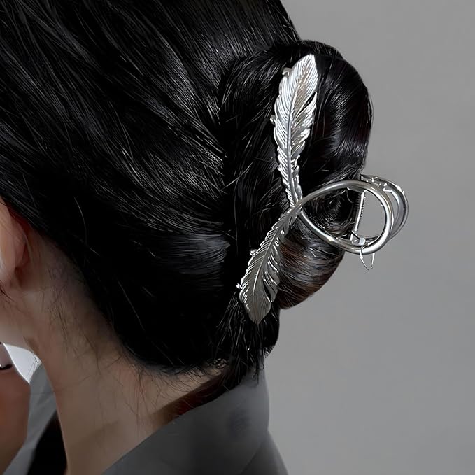 Silver Feather Metal Hair Claw Clips, 1Pcs 4.52Inch Elegant Hair Claw Clips for Thin Thick Hair Accessories Alloy Feather Hair Claw Nonslip Ponytail Holder Shark Claw Women Girls
