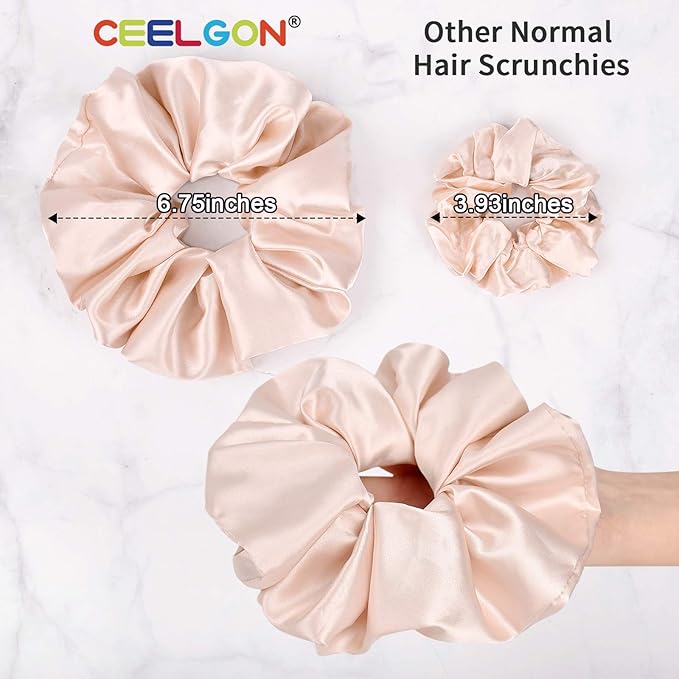 CEELGON Big Real Silk Scrunchies for Hair Satin Oversized for Sleep Large Scrunchie for Curly Hair Silk Thick Elastic Hair Ties Jumbo Hair Scrunchies 6 Pack (black, champagne, pink,khaki, blue, shell pink)