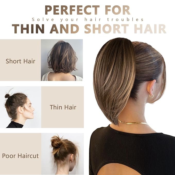 10 Inch Short Ponytail Extension - Clip in Ponytail Hair Extensions, Straight Pony Tails Hair Extensions, Synthetic Claw Clip Ponytail Extension for Women (Color: Light Brown Mixed Blonde)
