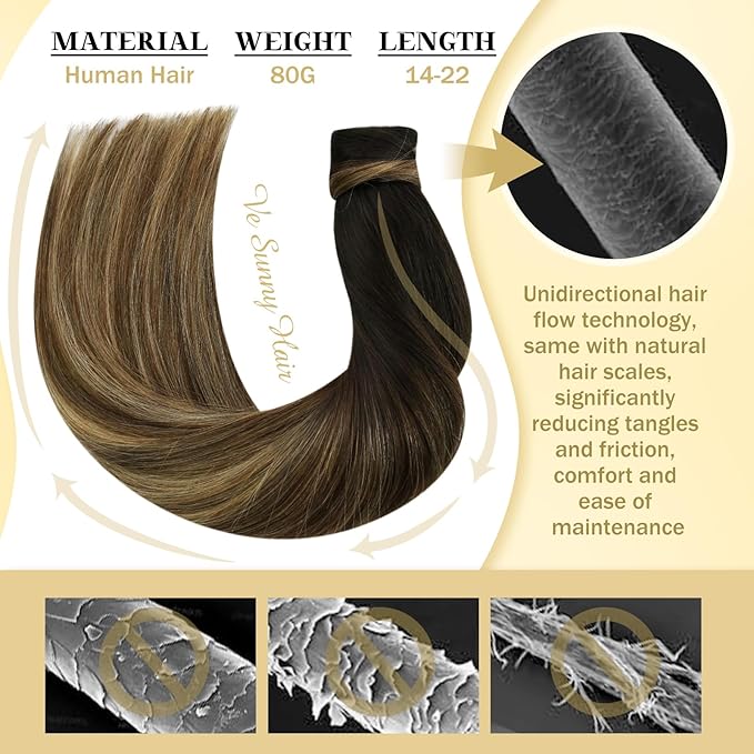 Ve Sunny Hair Extensions Ponytail Real Human Hair Wrap Around Clip in Ponytail Hair Extensions Straight Extensions Human Hair for Women Black Ombre Dark Brown Balayage Caramel Blonde 20inch 80G