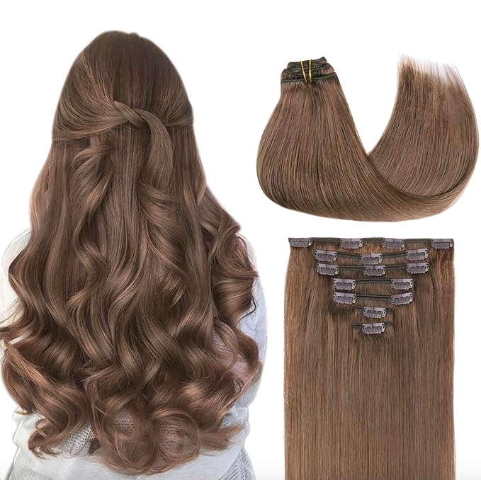 GOO GOO Clip in Hair Extensions Real Human Hair, Remy Human Hair Extensions Clip ins for Women, Natural Human Hair, 22inch 170g 7Pcs, #5 Light Ash Brown