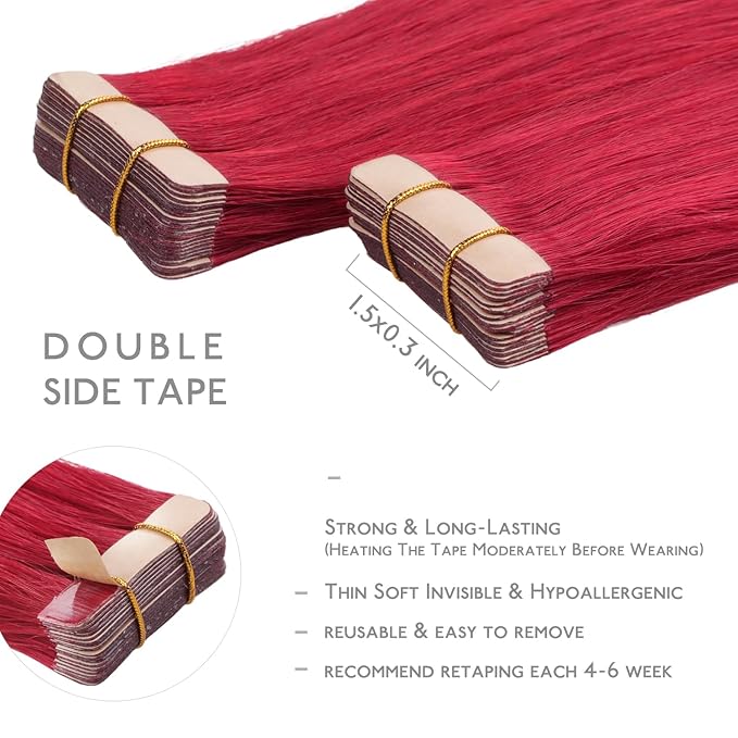 WENNALIFE Tape in Hair Extensions Human Hair, 20pcs 50g 18 inch Red Remy Hair Extensions Straight Human Hair Tape in Extensions Tape Ins Straight Extensiones De Cabello Humano Skin Weft