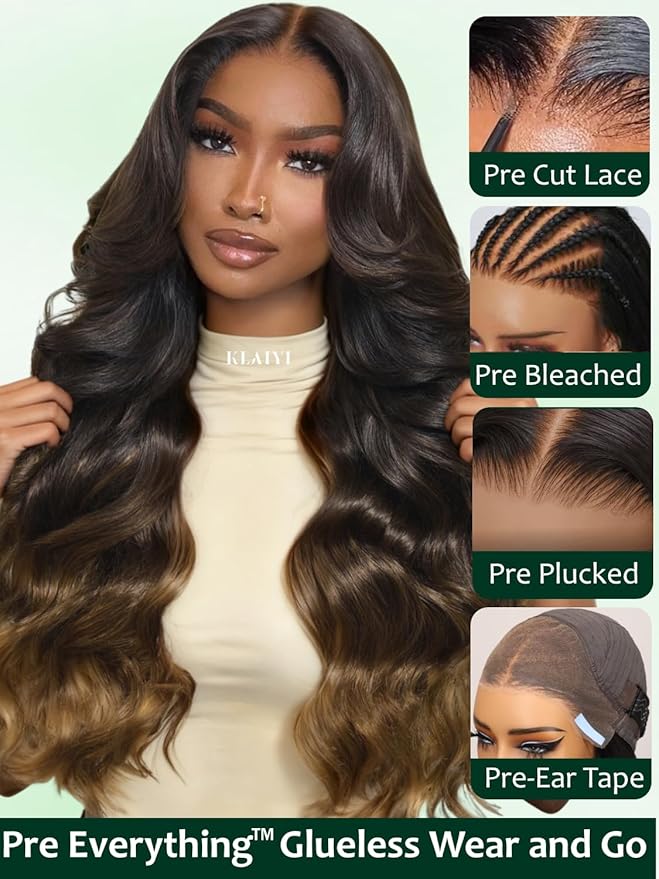 KLAIYI Ombre Brown Loose Body Wave 13x4Pre Everything Lace Frontal Chestnut Brown Drawstring Wig with Face Framing Layers Precut Lace Pre Plucked Bleached Bye Bye Knots Ready to Wear and Go Wig 24Inch