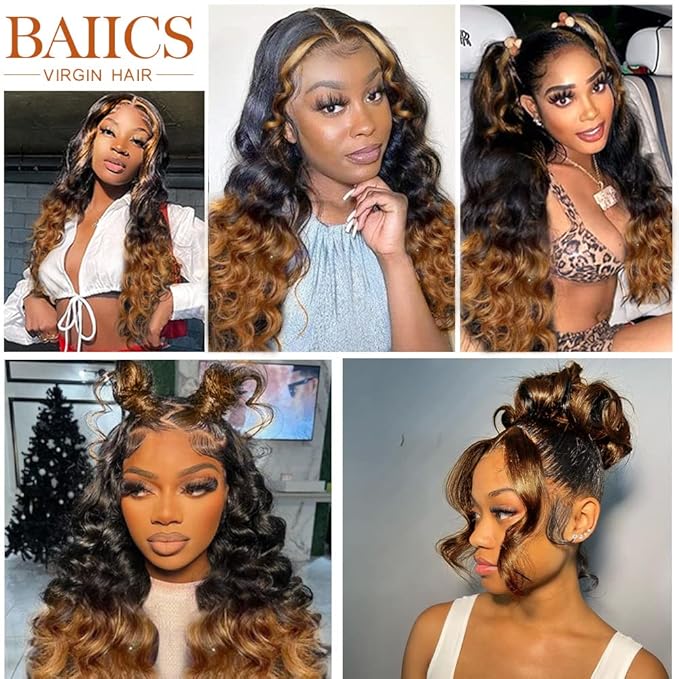200% Density Full 360 Lace Front Wigs Human Hair For Women Ombre Lace Front Wig Glueless Wigs Body Wave Lace Frontal Wigs Ombre Human Hair Wig for Women(34 Inch)