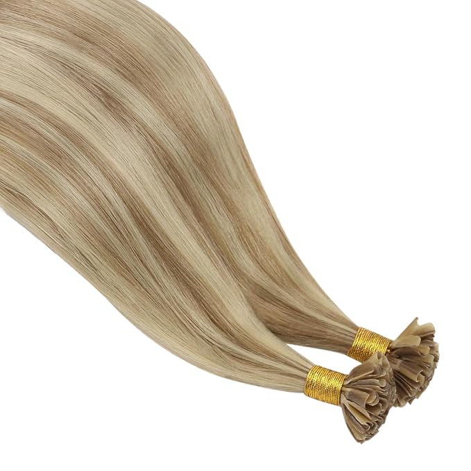 YoungSee U Tip Hair Extensions Human Hair Highlight Golden Blonde and Medium Blonde Ktips Hair Extensions Real Hair 18 Inch U Tips Human Hair Extension Straight K Tip Extension Add Volume 1G/S 50G