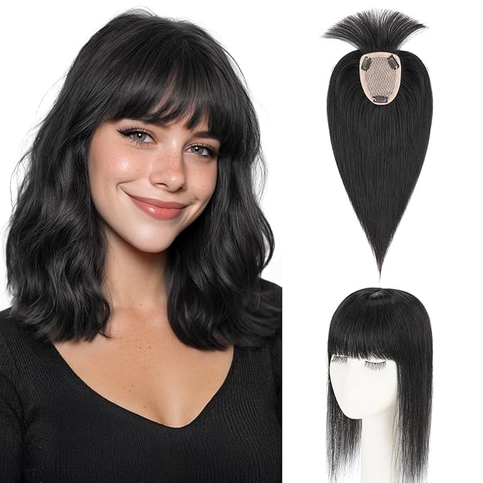 Hairro Human Hair Toppers with Wispy Bangs, 3.5x4.7" Hand-wovened Base for Women with Thinning Hair, Lightweight & Breathable Realistic Scalp, Clip-in Hairpieces for Easy Wear, 12 Inch Jet Black