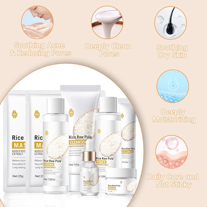 Rice Skin Care Sets For Women, 5/6Pcs Skin Care Kit, Moisturizing Skin Care Gift Set , Face Care Kit Inclusde Rice Mask, Cleanser, Toner, Lotion, Eyecream, Face Serum (5pcs Rice Raw Pulp)