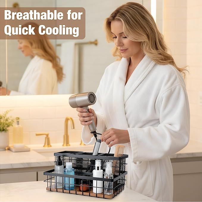 1 Pcs Hair Tool Organizer Countertop Breathable Metal & Bamboo Hot Tools Organizer Under Sink Bathroom Hair Dryer Holder Countertop Brush Comb Holder,makeup tray (Koa Wood,Black)