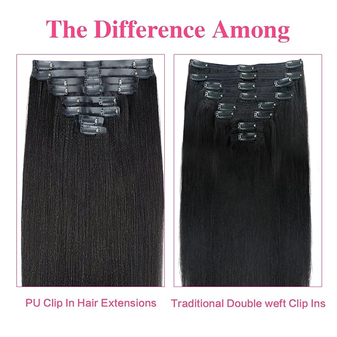 26 Inch Seamless PU Yaki Straight Clip ins Hair Extensions Real Human Hair For Women Invisible Yaki Straight Clip ins Hair Extensions (26inch,#1B)