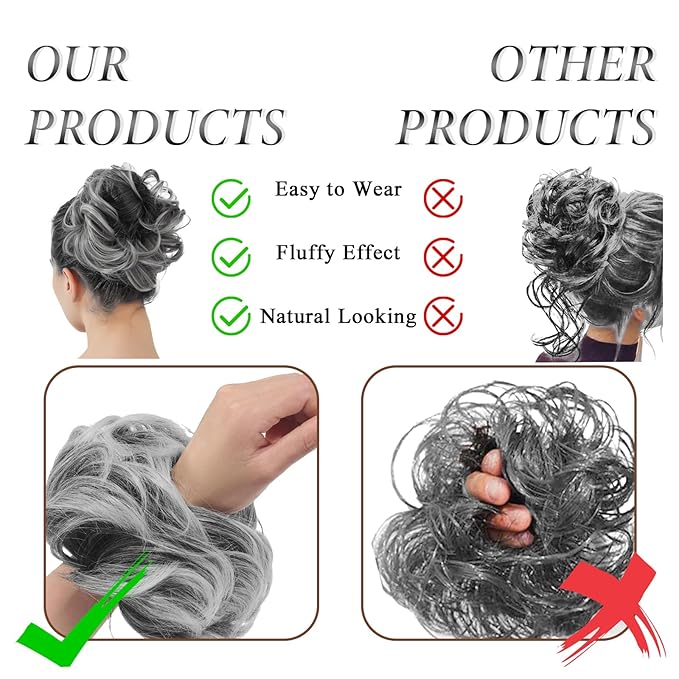 Large Messy Bun Hair Piece Curly Synthetic Extensions Scrunchies Fake Chignon Updo Hairpieces for Women Light Gray