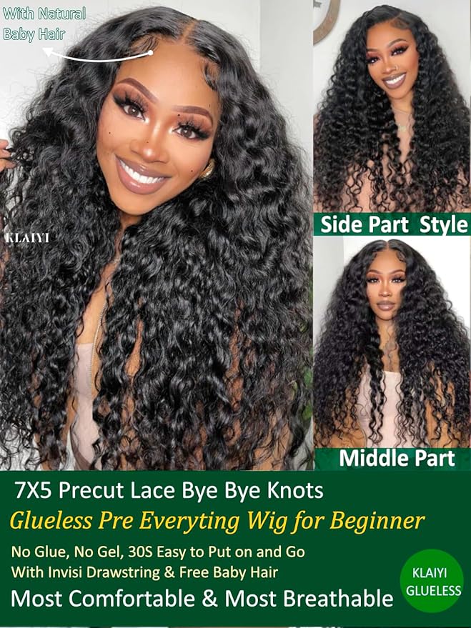 KLAIYI Water Wave Bye Bye Knots Glueless Wig Human Hair 7x5Precut Lace Front Pre Plucked Bleached Wear and Go Wig with Curly Baby Hair Drawstring 3S Ready to Go Pre Everything Beginner Friendly 24Inch