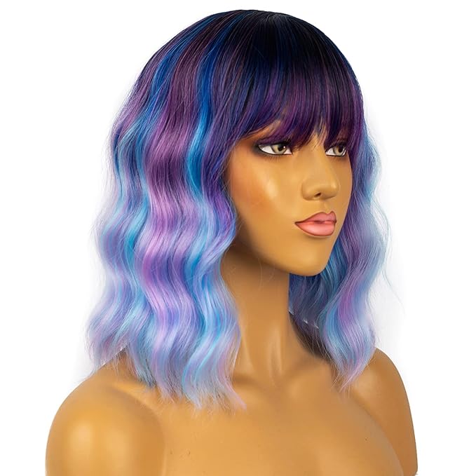 Colourful Short Bob Wigs with Bangs for Women Loose Wavy Wig Curly Wavy Shoulder Length Bob Synthetic Cosplay Wig for Girl Colorful Costume Wigs (Colourful-1)