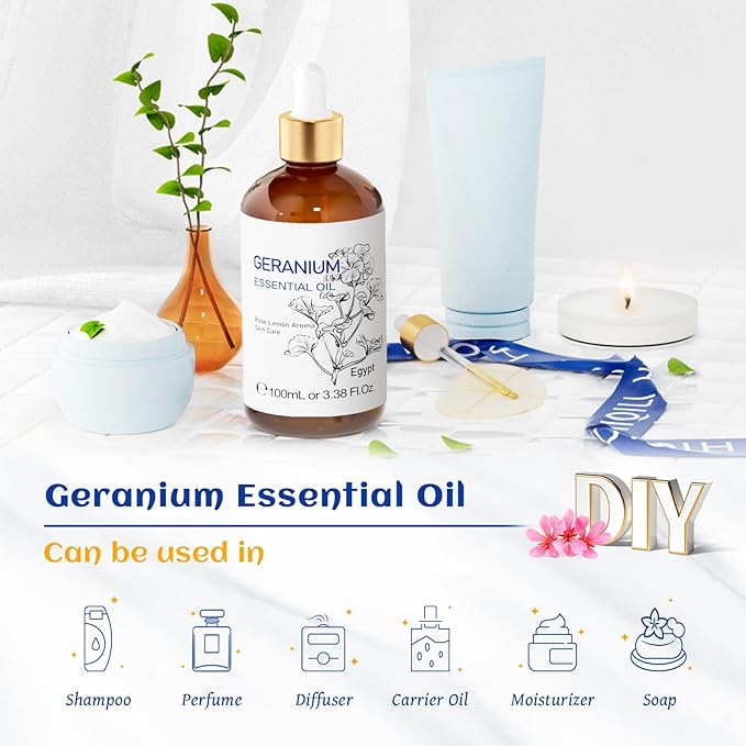 HIQILI 100ML Geranium Essential Oil for Skin, Diffuser & Candle, 100% Pure and Natural - 3.38 Fl Oz