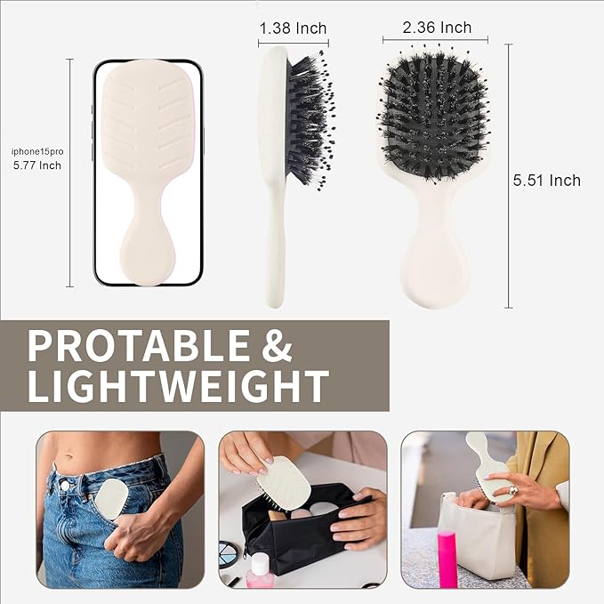 Mini Boar Bristles Hair Bursh, Travel Size Hair Brush for Women Men Kids, Protable Small Hair Brushes for Pockets Purses, Mini Hair Brush for Smooth Add Shine (White)