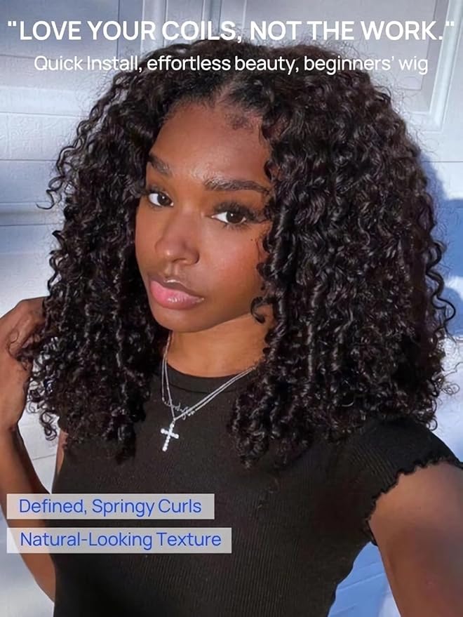 Julia Hair 7x5 Lace Water Curly Texture Wig With Finger Coil Ends Glueless Wigs Human Hair Put On and Go Invisible Lace Pre Plucked Pre Cut Bleached Knots Natural Hairline 16 Inch
