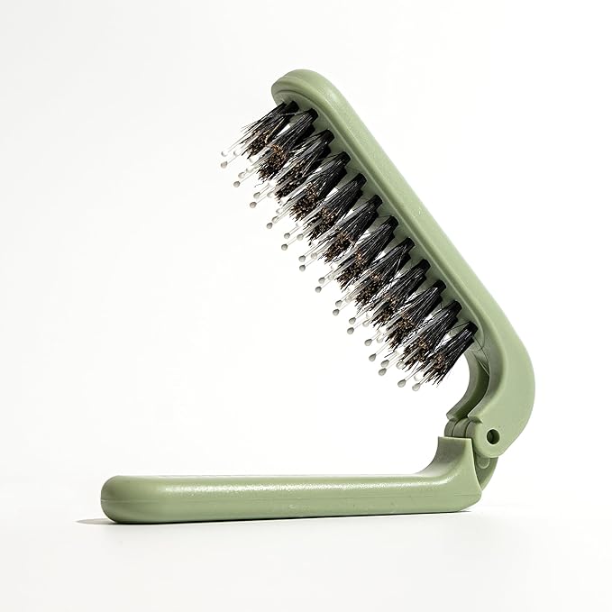 Uffy MiniPop Travel Hair Brush – Mini Folding Boar Bristles for Women, Men & Kids | Kid-Friendly Portable Purse Brush for Wet & Dry Hair, Curly or Straight | Pocket-Size Detangler – Mint Green
