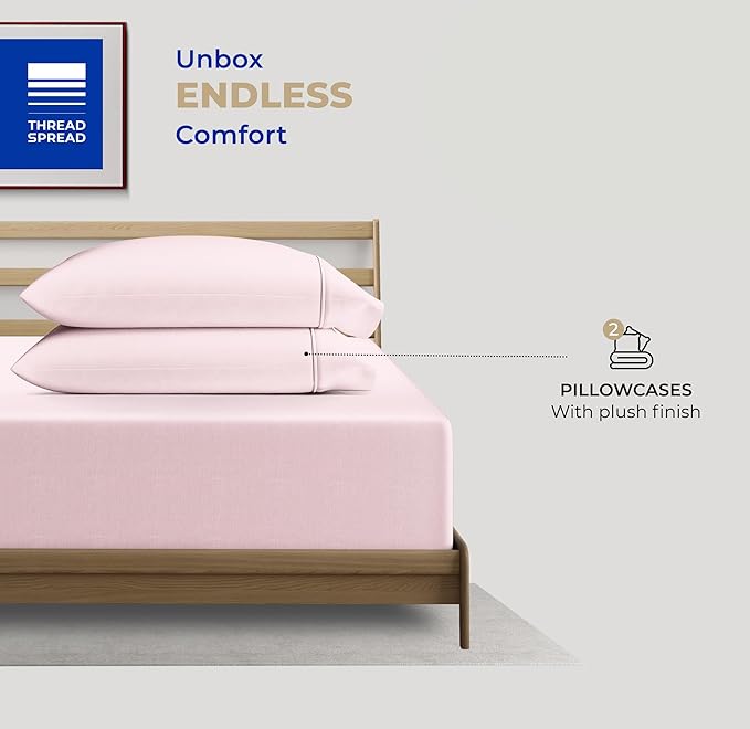 THREAD SPREAD 100% Cotton King Size Pillow Cases Set of 2-400 Thread Count Pillow Cases King Size Set of 2 (Blush), Luxuriously Soft Hotel Quality Sateen Weave Pillowcases, Crisp & Cool