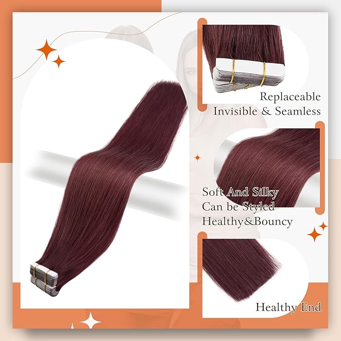 Full Shine Double Sided Tape in Hair Extensions Human Hair Color 99J Wine Red Tape in Extensions Silky Straight Skin Weft 20Inch 100G Seamless Extension 40Pcs for Women