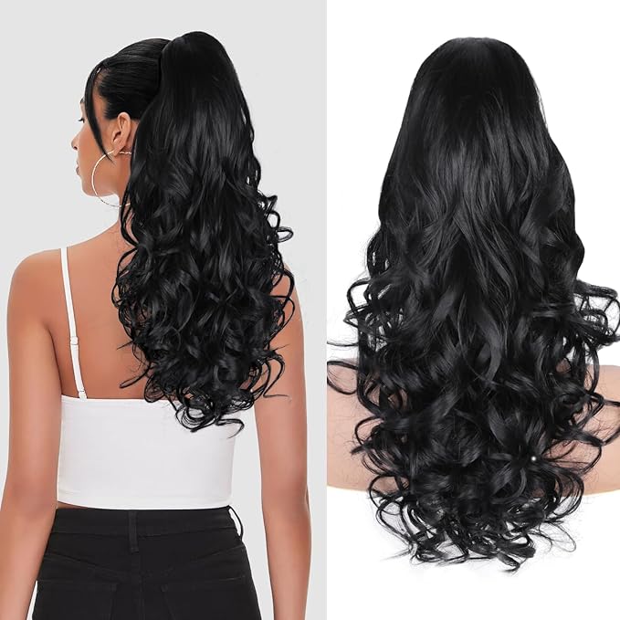 24 Inch Black Ponytail Extension, Layered Pony Tail Clip on Hair Extension, Soft Wavy Claw Clip in Ponytail Extension, Natural Synthetic Hair Pieces for Women (Color: Black)