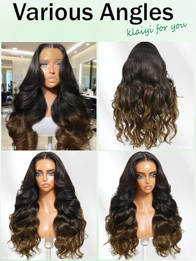 KLAIYI Ombre Brown Loose Body Wave 13x4Pre Everything Lace Frontal Chestnut Brown Drawstring Wig with Face Framing Layers Precut Lace Pre Plucked Bleached Bye Bye Knots Ready to Wear and Go Wig 20Inch