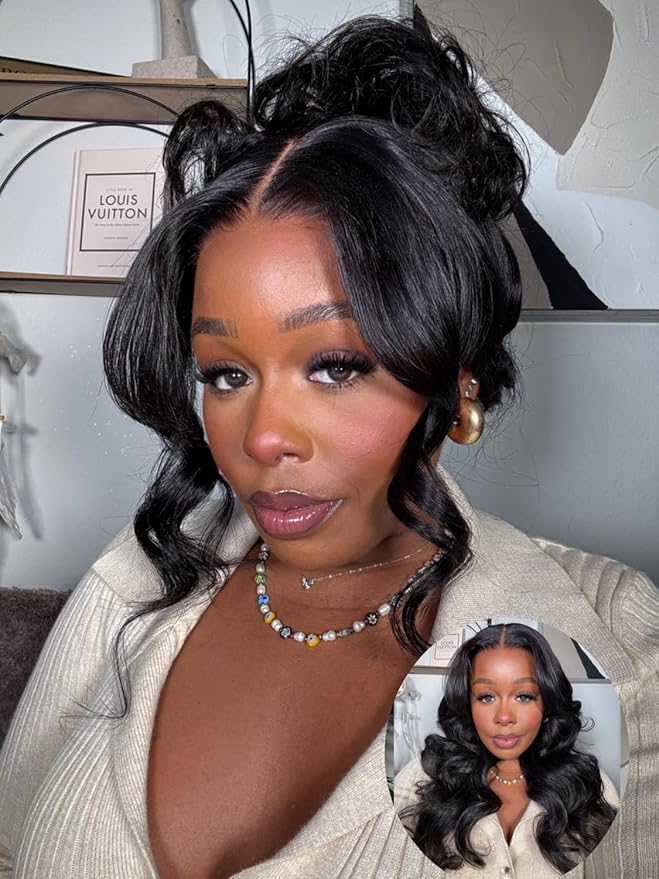 Julia Hair 13x4 Pre-Everything™ Loose Body Wave Human Hair Wig HD Lace Frontal Glueless Wig with Drawstring Face Framing Curtain Bangs Frontal 3D Body Wave Wig for Black Women Put On and Go 18 Inch