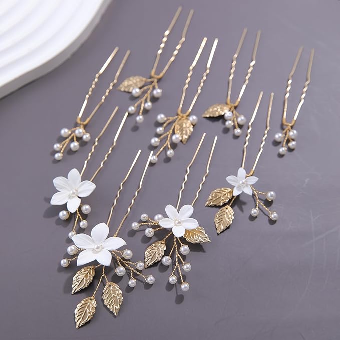 Handmade Pearl Bridal Wedding Hair Pins 9Pcs White Flower Gold Leaf Pearls Clips Bridal Hair Accessories for Women Brides Bridesmaid