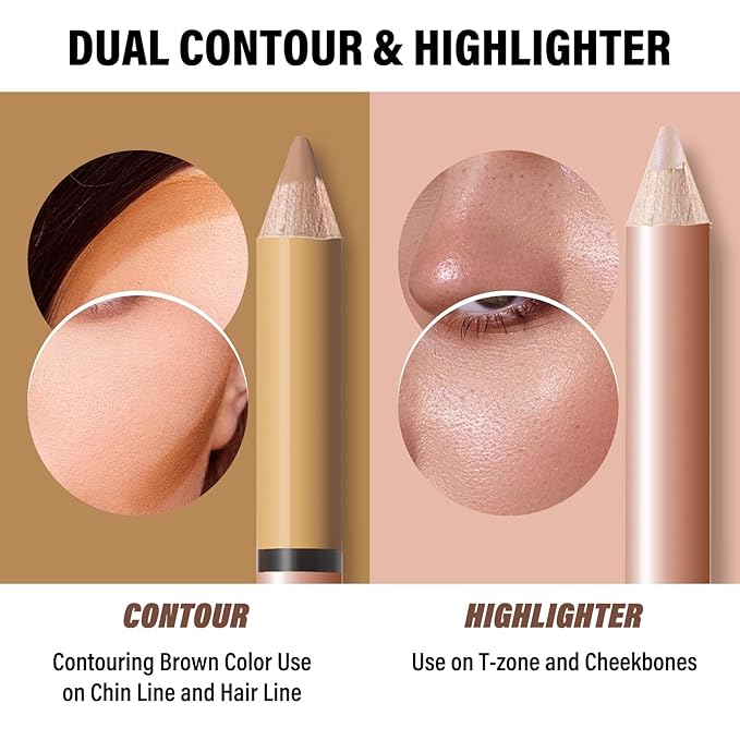 2 in 1 Cream Bronzer and Highlighter Stick,Cream Dual-Ended Highlight Contour Stick,Long Lasting & Waterproof Face Brighten Make up Pen