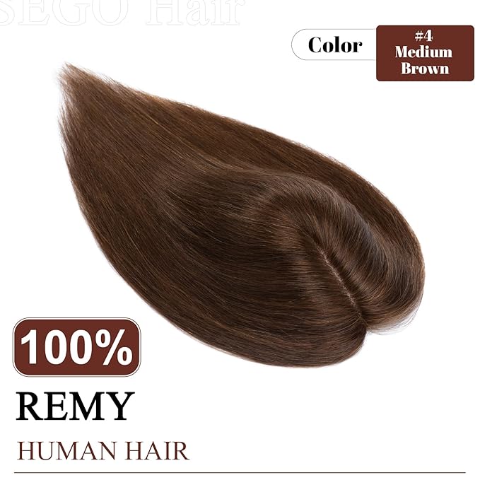 SEGO Real Human Hair Topper for Women, No Bangs Hair Topper with Anti-Slip Clips (18 Inches Medium Brown)