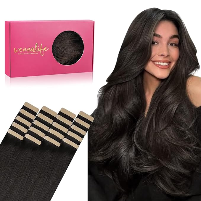 WENNALIFE Tape in Hair Extensions Human Hair, 20pcs 60g 28 inch Dark Brown Remy Hair Extensions for Women Tape Ins Straight Extensiones De Cabello Humano Skin Weft