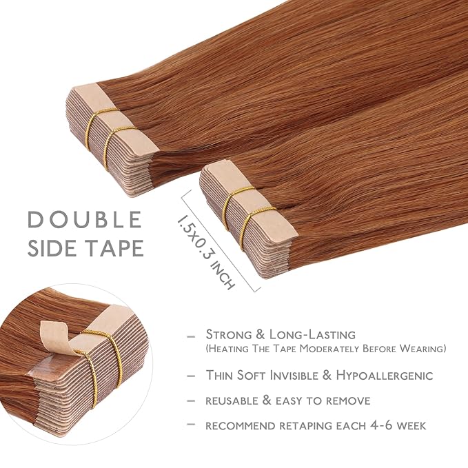WENNALIFE Tape in Hair Extensions Human Hair, 20pcs 50g 22 inch Dirty Ginger Remy Hair Extensions Straight Human Hair Tape in Extensions Skin Weft Tape Extensions Human Hair