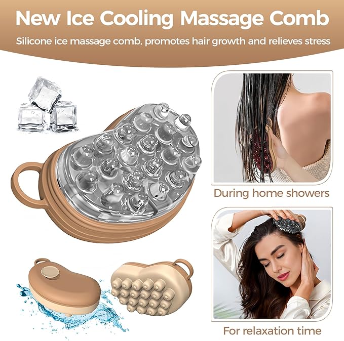 Ice Compress Scalp Massager Hair Growth Massage Comb - Upgraded Raised Dot Ice Tray Design for Tension Headache Relief and Scalp Care (Brown)