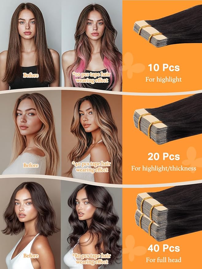 DOORES Real Human Hair Extensions, Balayage Natural Black to Chestnut Brown 120g 40pcs 26 Inch, Remy Tape in Skin Weft Natural Hair Extensions Straight