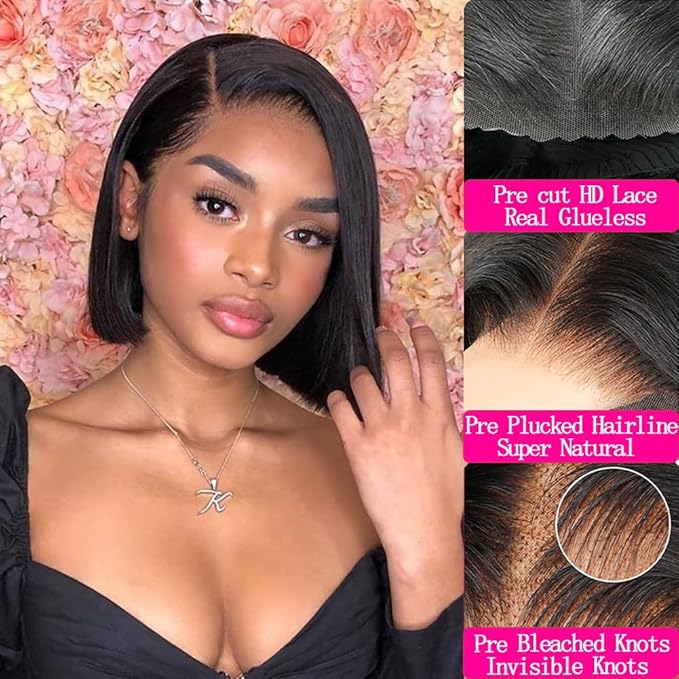 4x6 Glueless Wigs - Human Hair 8 Inch Bob, Pre Plucked, Pre Cut, 180% Density, HD Transparent Frontal Lace Front Wigs for Women