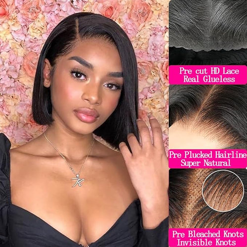 4x6 Glueless Wigs - Human Hair 8 Inch Bob, Pre Plucked, Pre Cut, 180% Density, HD Transparent Frontal Lace Front Wigs for Women