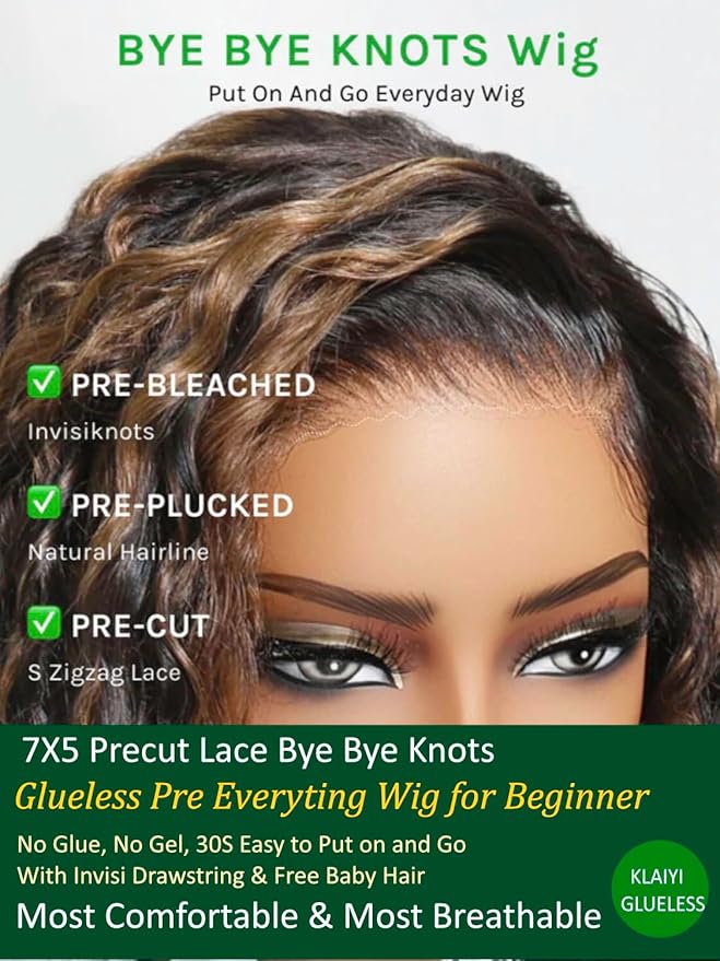 KLAIYI Golden Brown Water Wave Bye Bye Knots Glueless Wig Human Hair Highlight 7x5 Precut Lace Front Pre Plucked Bleached Ombre 3S Ready to Wear Go Beginners Wig with Dark Roots Deep Curly Wave 20Inch