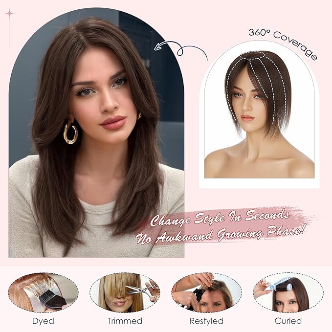Human Hair Topper with Bangs for Women, 360° Cover Clip in Curtain Bangs Hair Toppers Hair Piece Dark Brown-3.15x4.33 Hand-tied Base (Dark Brown)