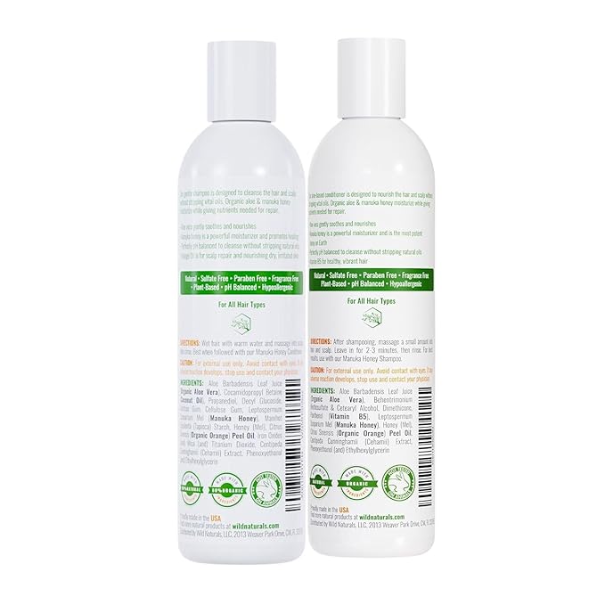 Manuka Honey Shampoo and Conditioner - Soothing Moisturizing Formula for Eczema, Psoriasis, Curly Hair, and Color-Safe - All Natural Set