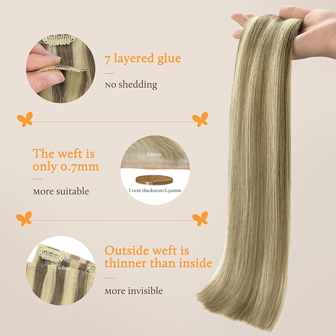DOORES Hair Extensions Clip in Human Hair - Light Brown Highlighted Medium Blonde, 14 Inch, 110g, 7pcs, Seamless, Natural Straight, Invisi Edge