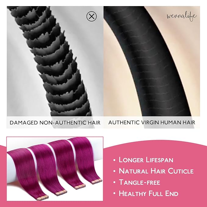 WENNALIFE Tape in Hair Extensions Human Hair Violet Tape in Extensions, 10pcs 25g 16 inch Remy Invisible Tape Ins Straight Colored Soft Real Human Hair Tape in Extensions Refill Set Extensions