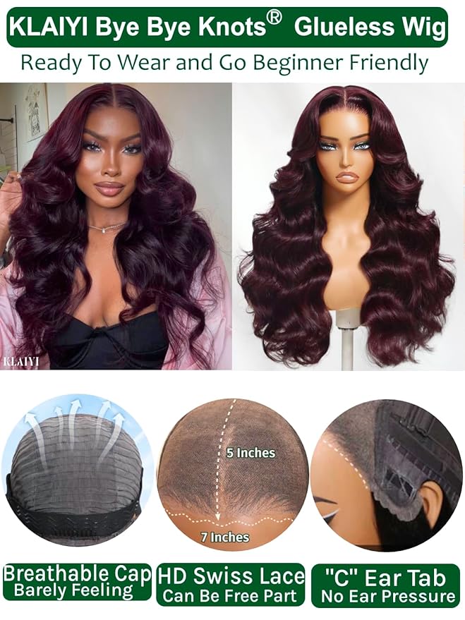 KLAIYI Black Cherry Loose Body Wave Bye Bye Knots Glueless Wig 7x5Precut Lace Front Wigs Human Hair Drawstring Pre Plucked Bleached 30S Ready to Wear and Go Wig with Face Framing Bangs Burgundy 22Inch