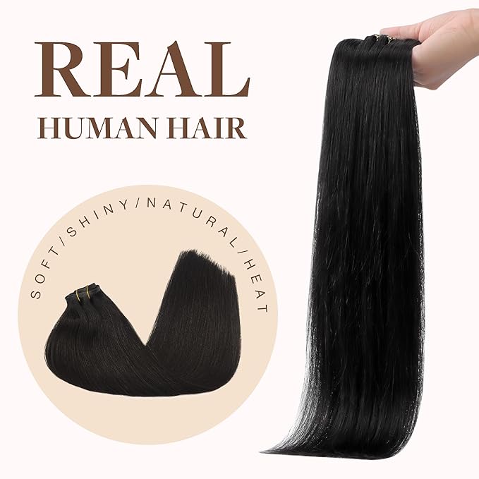 GOO GOO Clip in Hair Extensions Real Human Hair, Remy Human Hair Extensions Clip ins for Women, Natural Human Hair, 16inch 130g 7Pcs, 1B Natural black