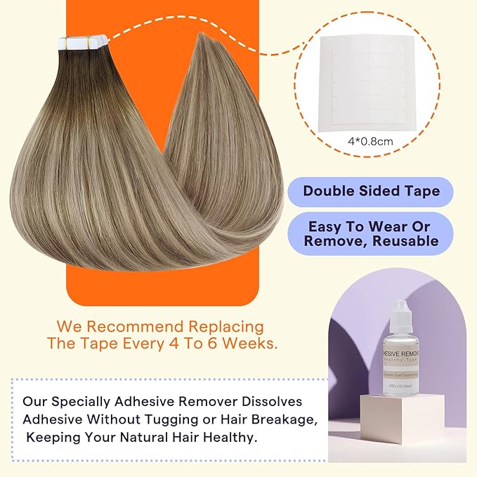 Full Shine Ombre Tape in Hair Extensions Human Hair Color 3 Dark Brown to 8 Ash Brown and 22 Blonde Hair Extensions Tape in Human Hair Ombre 24 Inch Add Length Soft Seamless Extensions 20PCS 50g