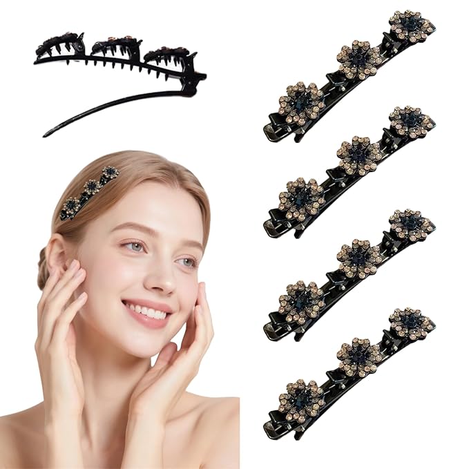 Sparkling Crystal Braided Hair Clips, Woven Hair Clips, New 2025 Women Styling Hair Clip, Women Flower Hair Accessories 4-Pack (champagne)