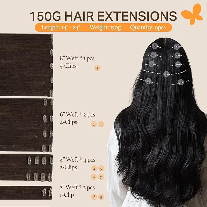 DOORES Real Human Hair Extensions, Light Dark Brown 18 Inch 150g 9pcs, Clip in Remy Hair Extensions, Thick Natural Hair