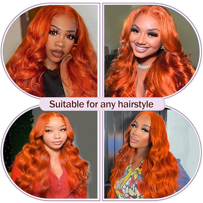 Ginger Orange Lace Front Wigs Human Hair 13x6 Body Wave Frontal Wigs Human Hair for Women 200% Density Pre Plucked HD Transparent Lace Glueless 350 Colored Human Hair Wig Bleach Knots 26 Inch