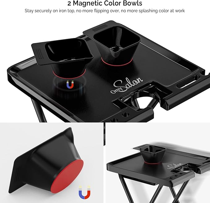 OmySalon Salon Trolley Cart with Wheels 2 Color Bowls 1 Drawer, Folding Salon Service Tray Color Cart for Hair Stylist, Beauty Styling Tattoo Barber Shop Tools Storage Organizer