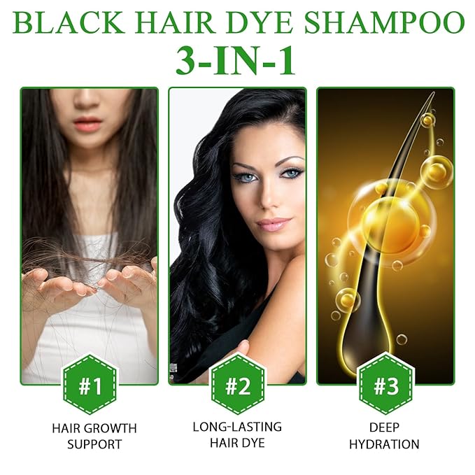 ALIVER Hair Dye Shampoo (Black) - 3-in-1 Natural Herbal Essence: Coloring, Nourishing, and Hair Growth Promoter - 500ml, Hypoallergenic and Harmless for Scalp Care