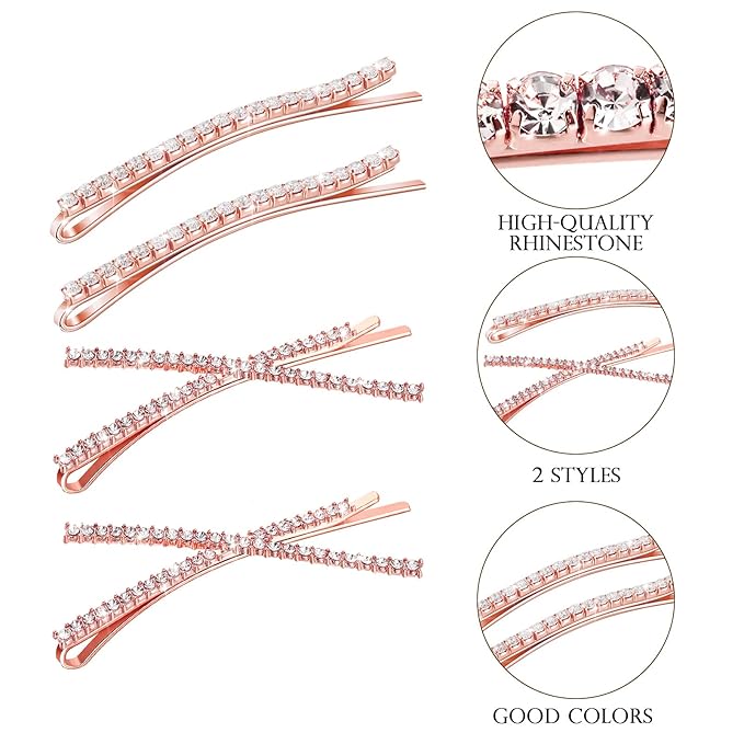12 Pieces Rhinestone Bobby Pins Decorative Fancy Crystal Hair Clips Shiny Metal X Shaped Barrettes Bling Diamond Wedding Bridal Shower Hair Accessories for Women Ladies Girls (Rose Gold)