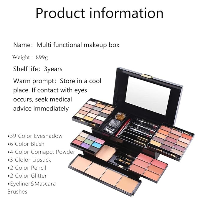 54 Colors All in one Makeup Gift Set Holiday Birthday Beauty Cosmetic Essential Starter Bundle Include 39 Eyeshadow Palette, 6 Blush, 6 Sponge Stick, 4 Compact Powder, 3 Lipstick, Eyeliner